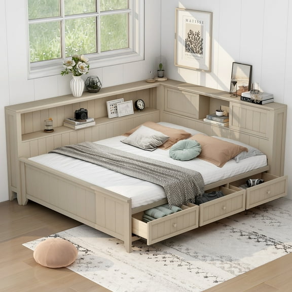 Harper & Bright Designs Full Size Wooden Storage DayBed, Platfrom BedFrame with Shelves and 3 Drawer & Sliding Doors, L Shape Corner Bed w/Storages, Antique White