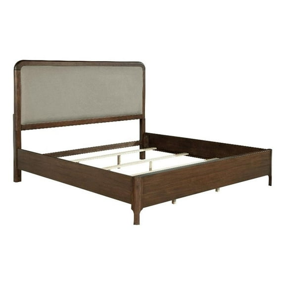 Pemberly Row Upholstered Mid-Century Wood California King Panel Bed in Walnut