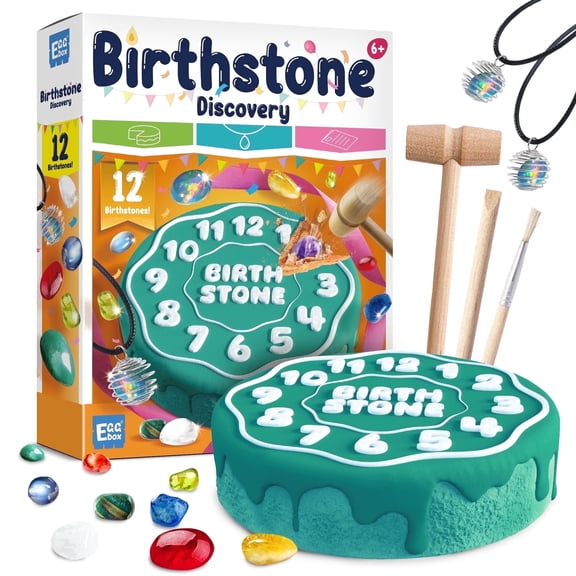 Birthstone Dig Kit for Kids, Birthday Cake Excavation Science Toy with 12 Genuine Gems, Necklace & Learning Poster, STEM Gift for Boys & Girls 6-12