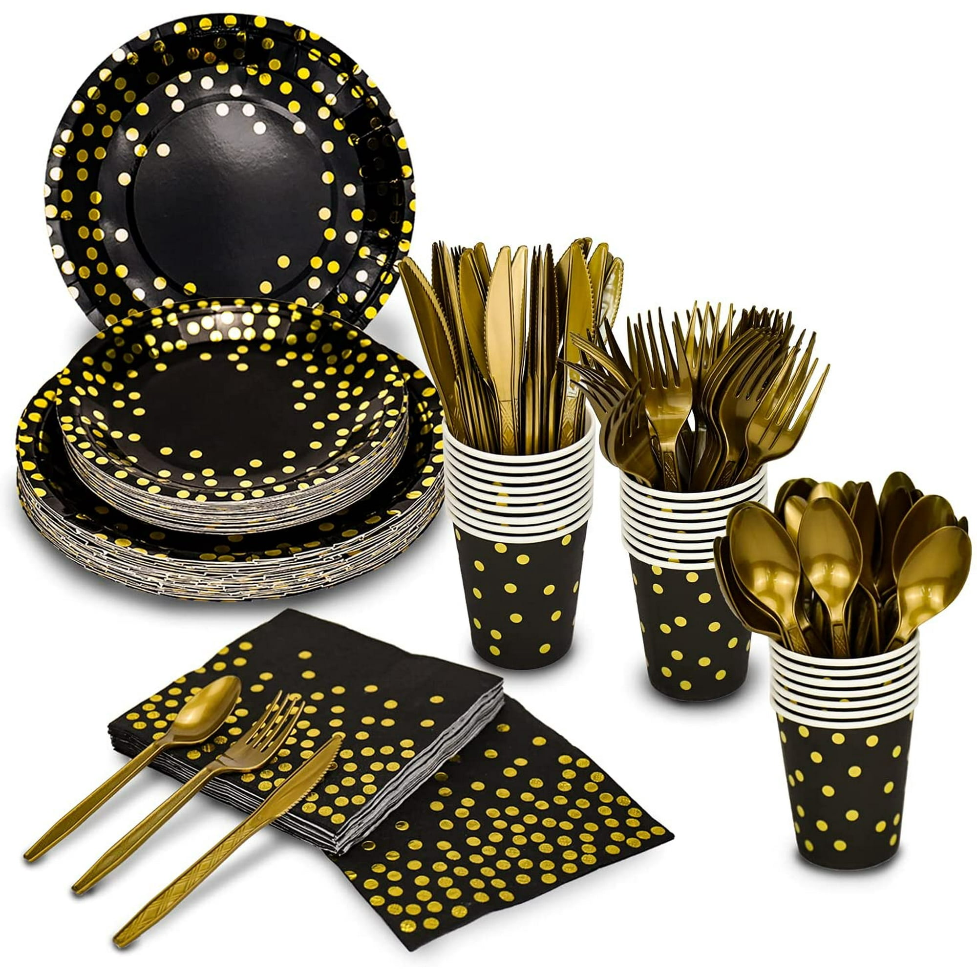 Cpdd 175 Pieces Gold Disposable Party Dinnerware Set Disposable Party Dinnerware Paper Plates Napkins Cups Gold Plastic Forks Knives Spoons Pennant