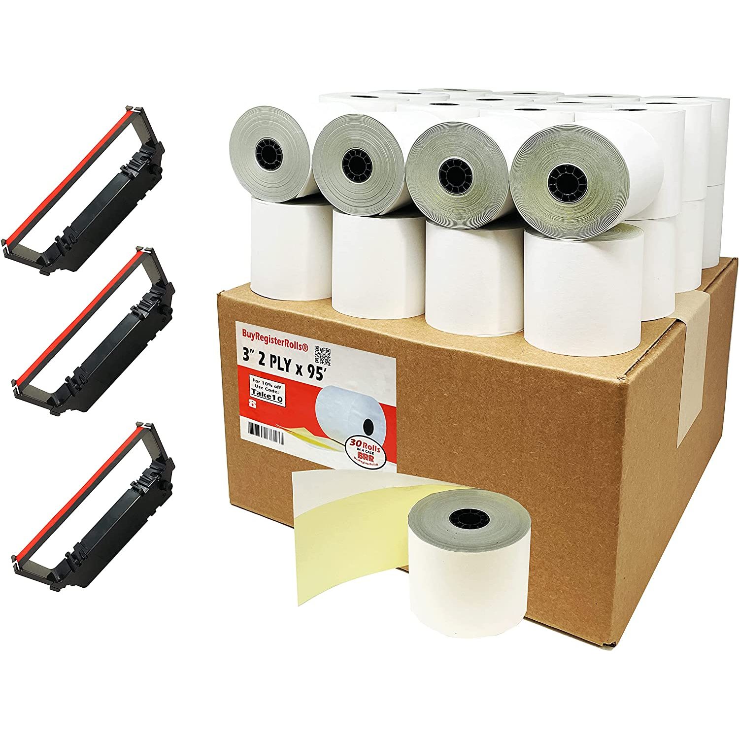 (30 Rolls + 3 Ribbons) 2 Ply Carbonless Rolls 3" X 95 Feet White/Yellow