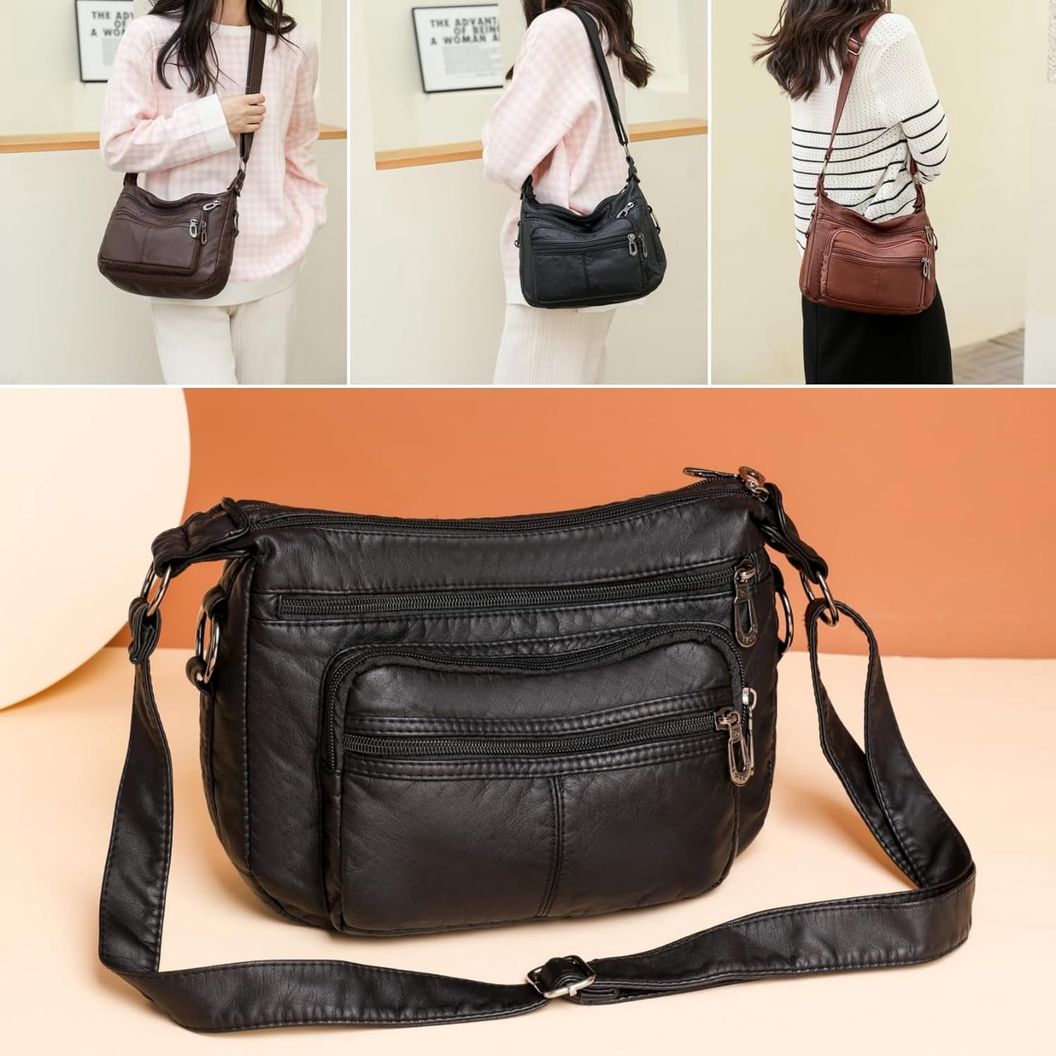 Tote Shoulder Handbags for Women, Soft Leather Crossbody Adjustable Handle Purse with Zip Closure for Shopping Travel