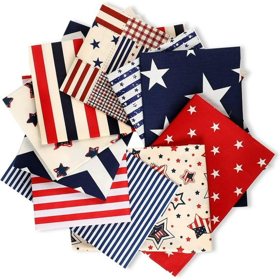 10 Pieces Patriotic Fat Quarters 20 x 16 Inches Stars and Stripes Fabric Independence Day 4th of July American Flag Print Quilting Fabric Bundles for DIY Fabric Jeans Sewing Patchwork Material