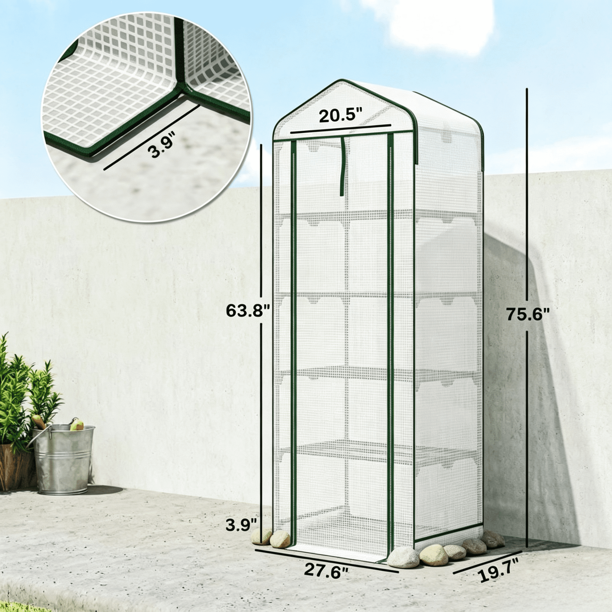 5-Tier Mini Greenhouse with Double Layer Roof, 140gsm PE Cover, Powder Coated Steel Frame, Portable Indoor Outdoor Green House for Patio Backyard Garden Plants Growing, White Dark Green