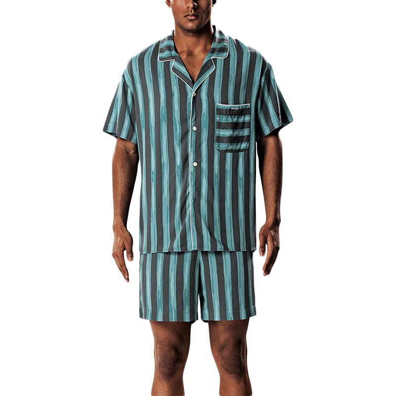 Incerun - Mens Summer Striped Loose Pyjamas Set Short Sleeve Button ...