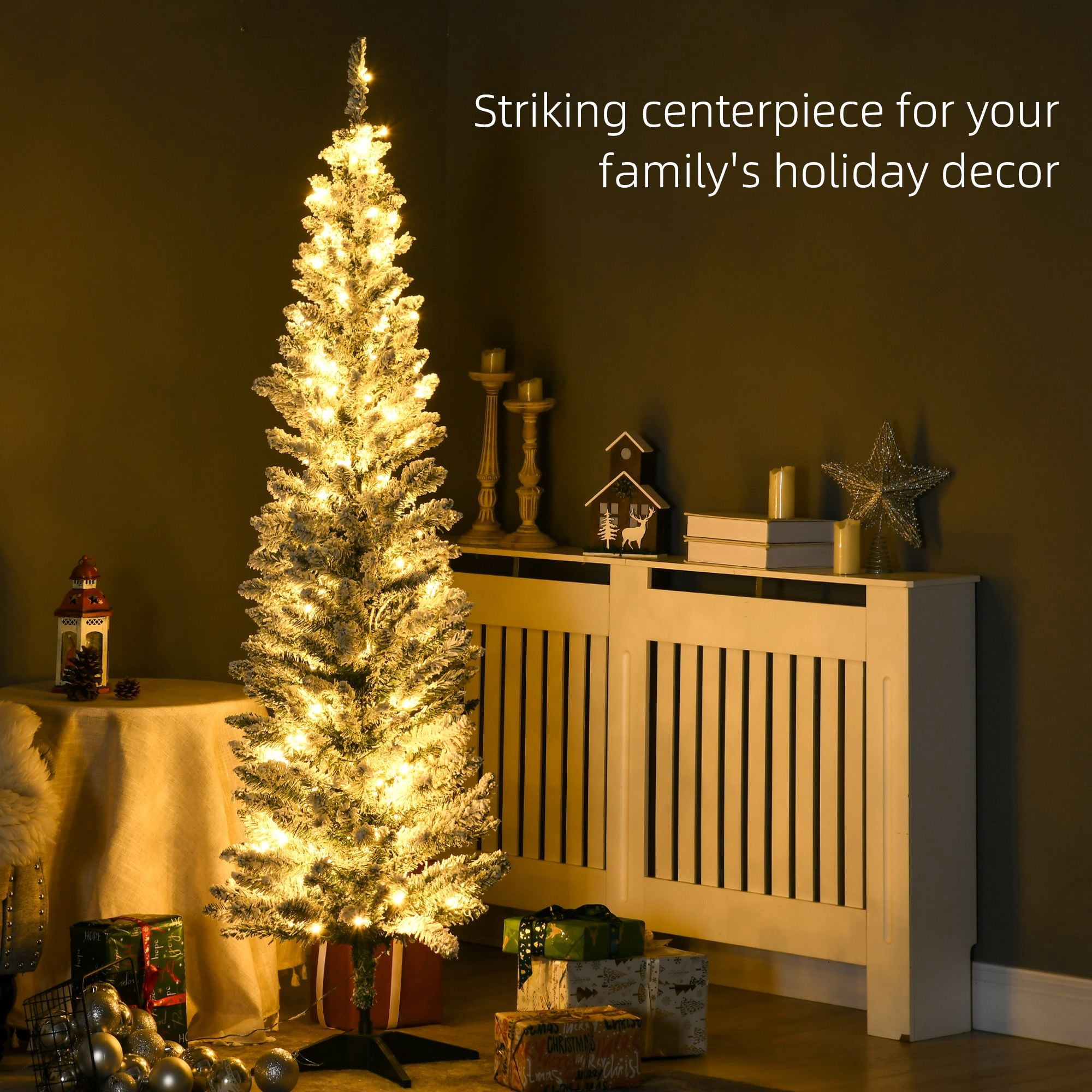 6 ft Pencil Christmas Tree, Slim Artificial Christmas Tree with Warm White LED Lights, 390 Tips, 170 Lights, 21.75 in Diameter, 70.75 in Tall, for Small Rooms and Indoor Holiday Decor