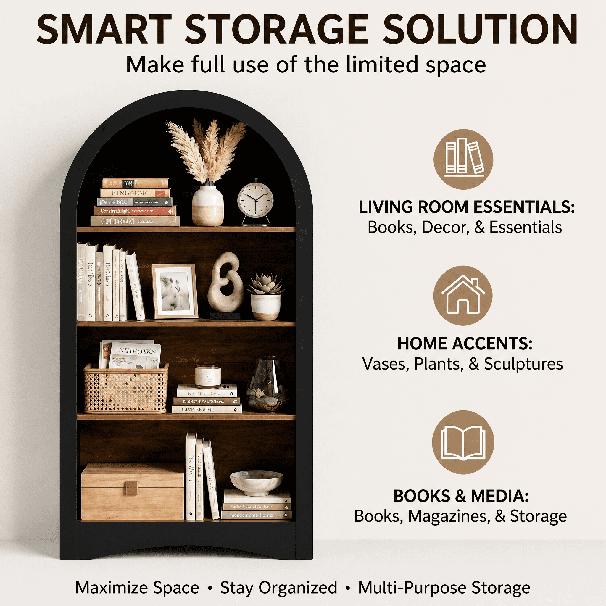 47" Freestanding Display Rack with Woodgrain Shelves, Arched Storage Cabinet, 4-Tier Open Shelf, Small Space Accent Bookcase for Living Room, Bedroom, Entryway