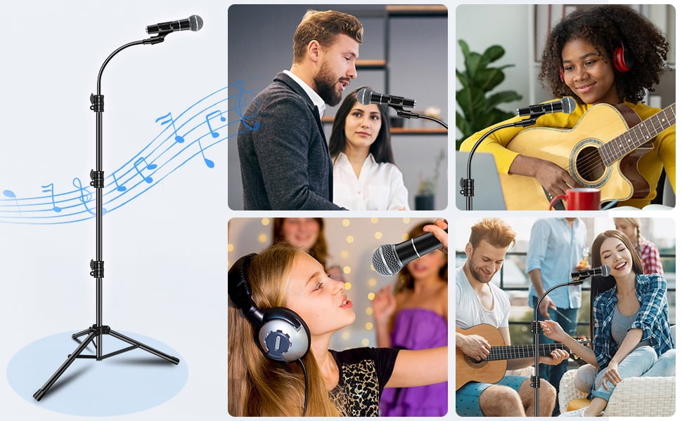 Four legged Hose Microphone floor stand Stand. from 24" to 67"Extendable Height with Adjustable Angle. Comes with a storage bag for easy carrying and 2 Mic Clips.for Singing Performance and Podcast