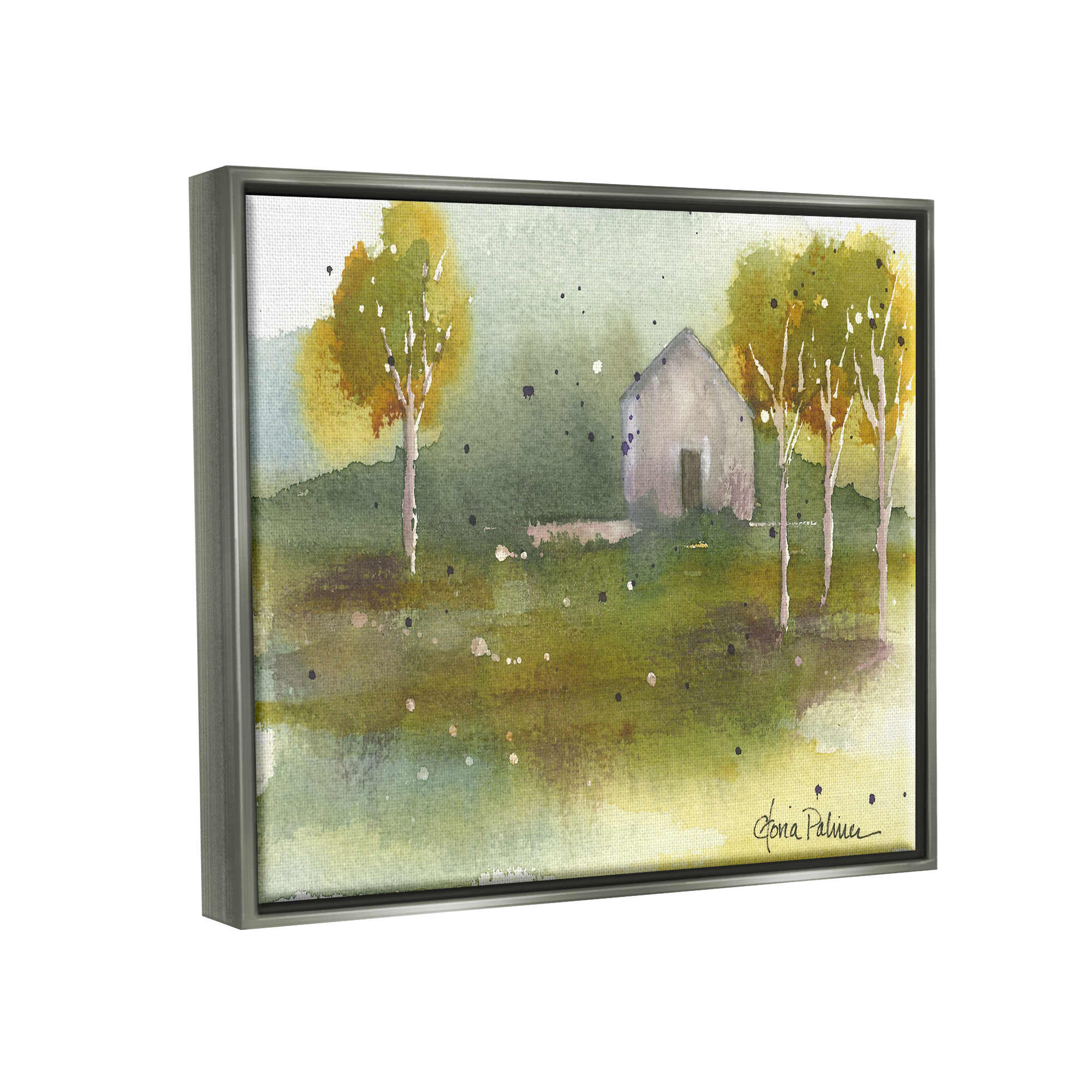Stupell Industries Countryside Cottage Painting Landscape Painting Gray Floater Framed Art Print Wall Art