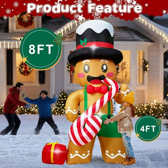 8FT Gingerbread Man Inflatable with LED Lights - Christmas Yard Decoration for Outdoor and Indoor Use