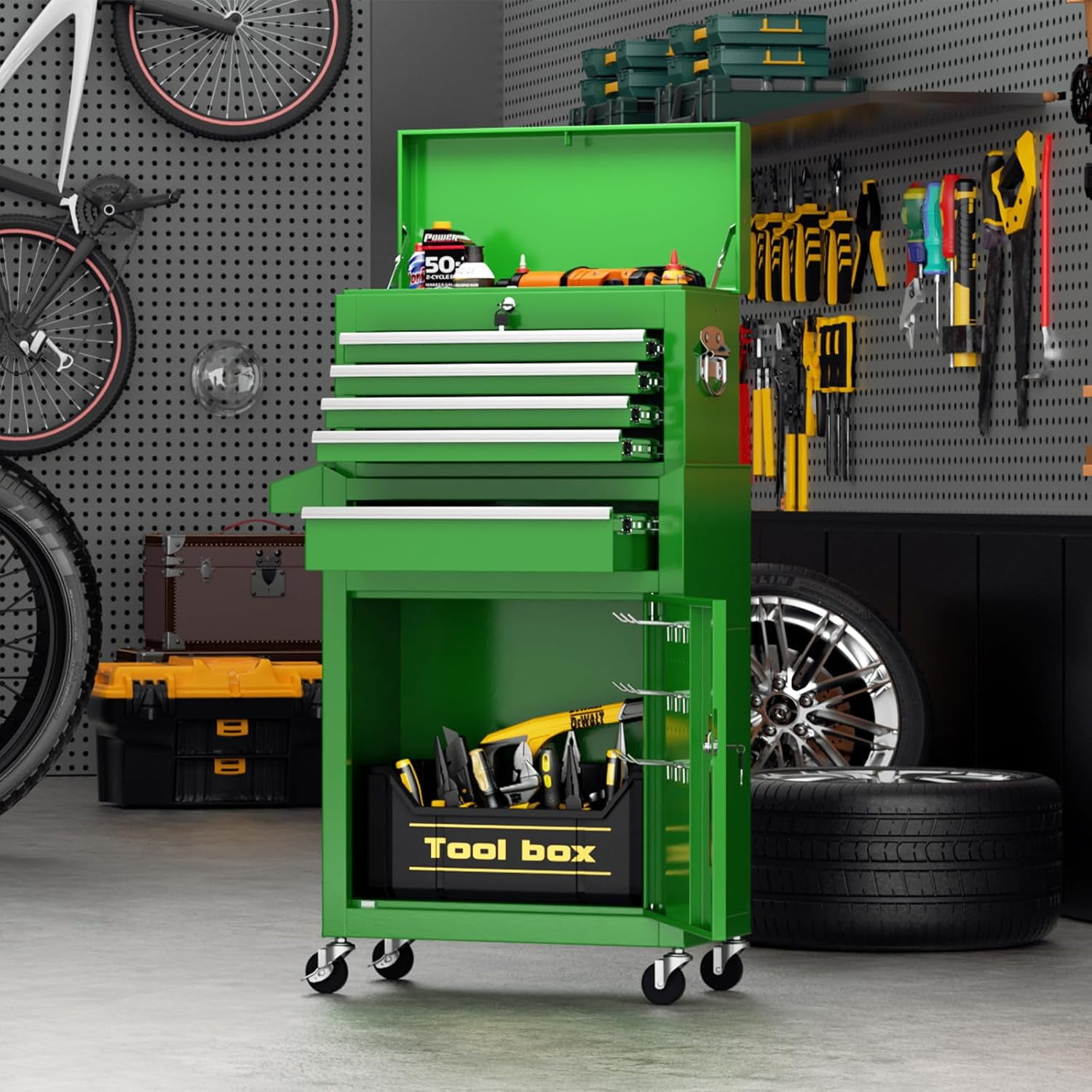 SOLAURA 5-Drawer Rolling Tool Chest with Detachable Top Box, Metal Tool Box with Wheels, Lockable Storage Cabinet for Warehouse, Garage, Workshop, Barbershop, Green