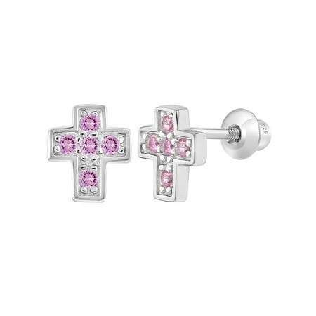 925 Sterling Silver CZ Little Cross Screw Back Earrings for Girls