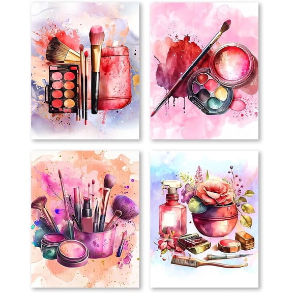 Pink Watercolor Wall Art Canvas Prints for Makeup Room Wall Decor,Teen Girls Bedthroom Fashion Posters,Beauty Salon Room Dorm Decoration Set of 4 (8x10inch,Unframed)