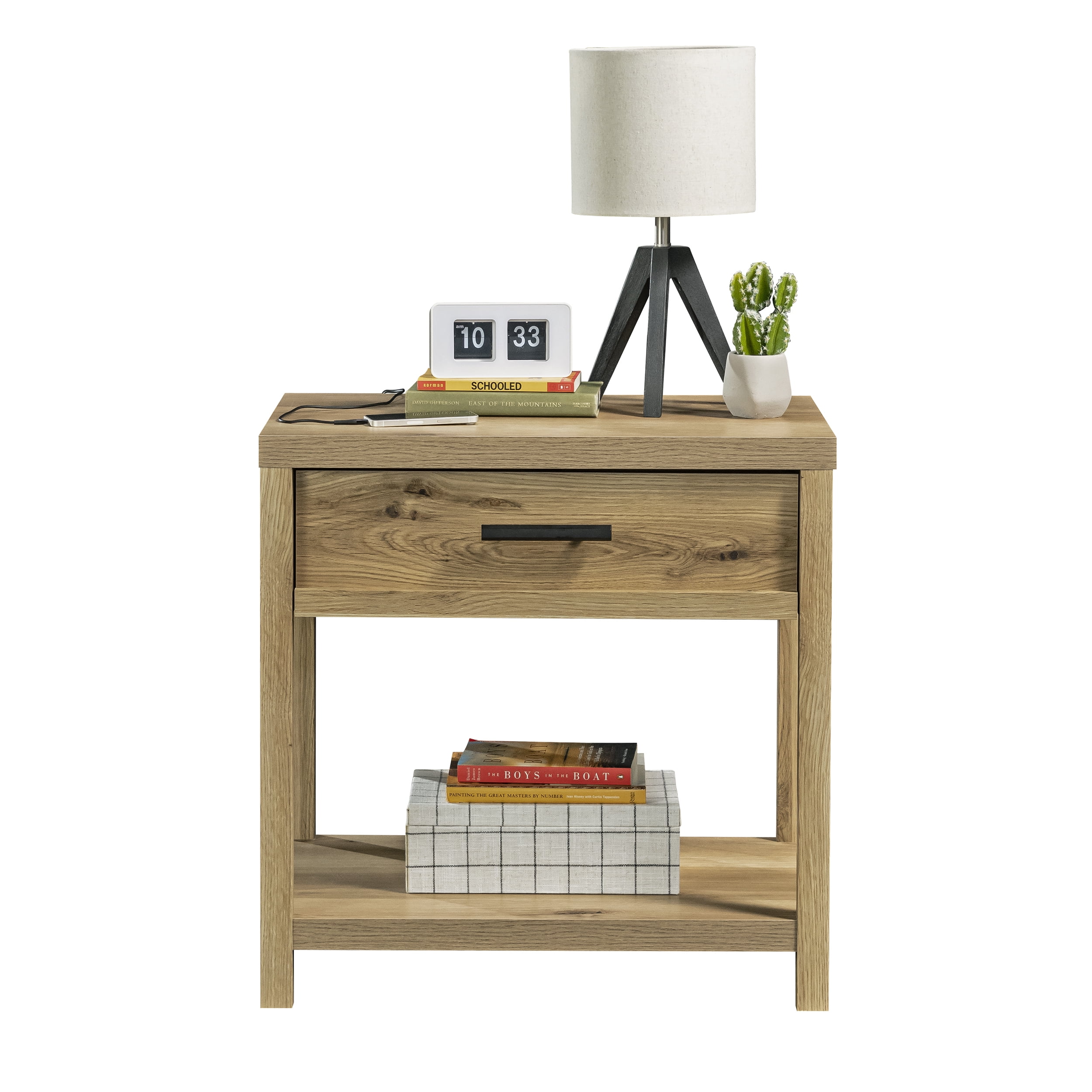 Erie Collection by Sauder 1-Drawer Nightstand with 2 USB A ports, Timber Oak Finish