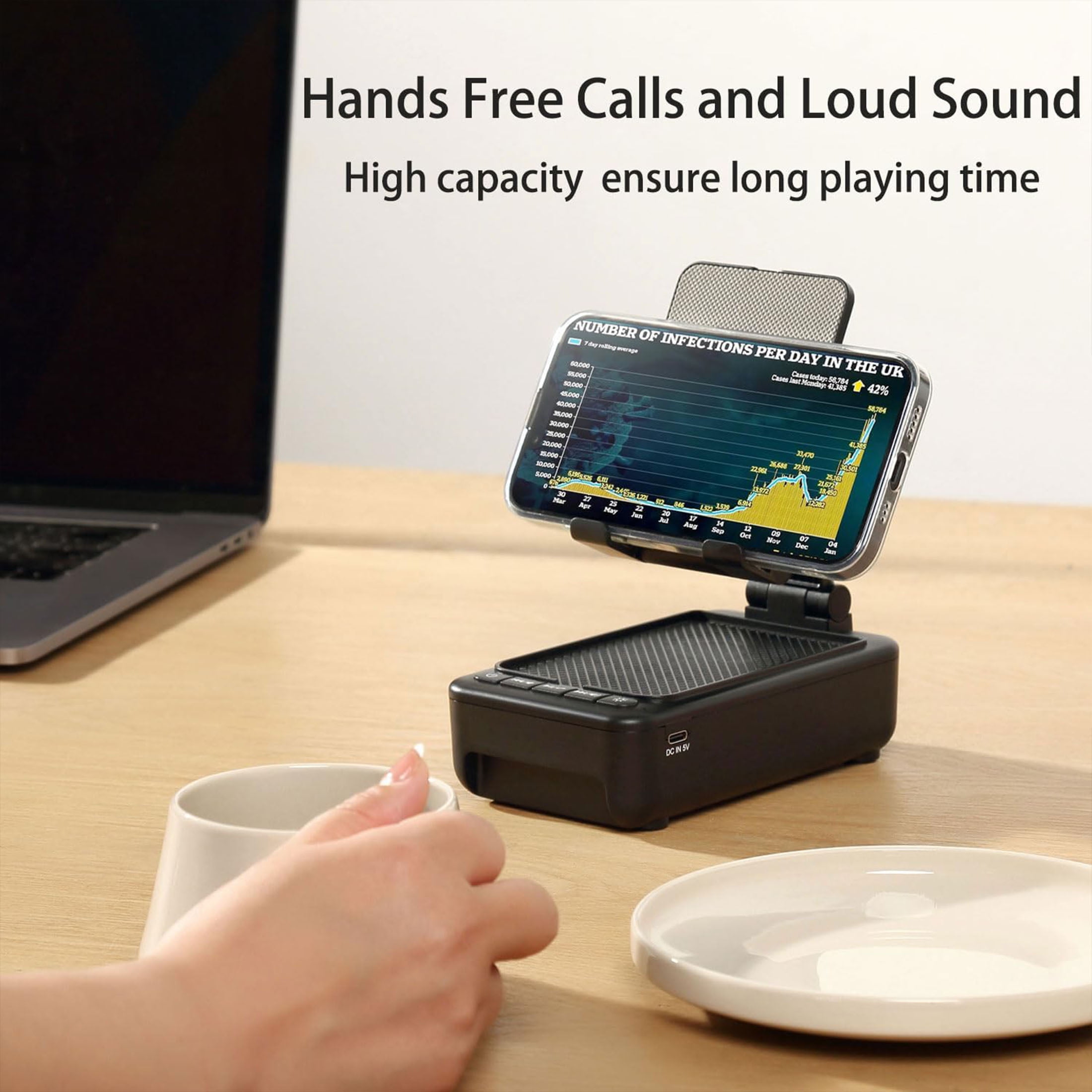 Portable Phone Stand with Speaker Bluetooth, Foldable Cellphone Stand with Led Color Changing Light, Angle Adjustable Cell Phone Holder with HD Stereo Sound Fits Phones,Tablet (Black)
