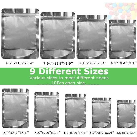 Mylar Bags, 90 Pack 9 Sizes 7mil Mylar Bags for Food Storage, Resealable mylar ziplock bags, Stand Up Pouch Bags, Clear Front with Aluminum Foil Back, Zipper Bags with Gusset Bottom for Multipurpose