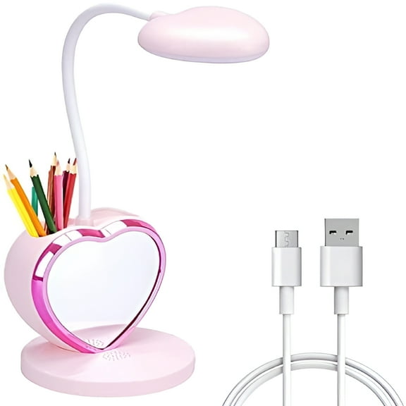 HIBIBUD LED Desk Lamp for Kids,Small Desk Lamp with USB Charging Port&Pen Holder and Phone Stand,Cute Lamp with 2 Color Modes,Eye-Caring Study Table Lamp Pink for Girls College Dorm Bedroom Reading