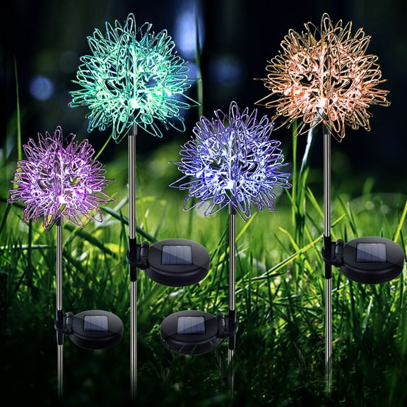 Rirool Waterproof Solar Garden Lights, Outdoor Solar Dandelion Lights, 4 Pack Solar Decorative Lights for Pathway Lawn Patio Courtyard Backyard