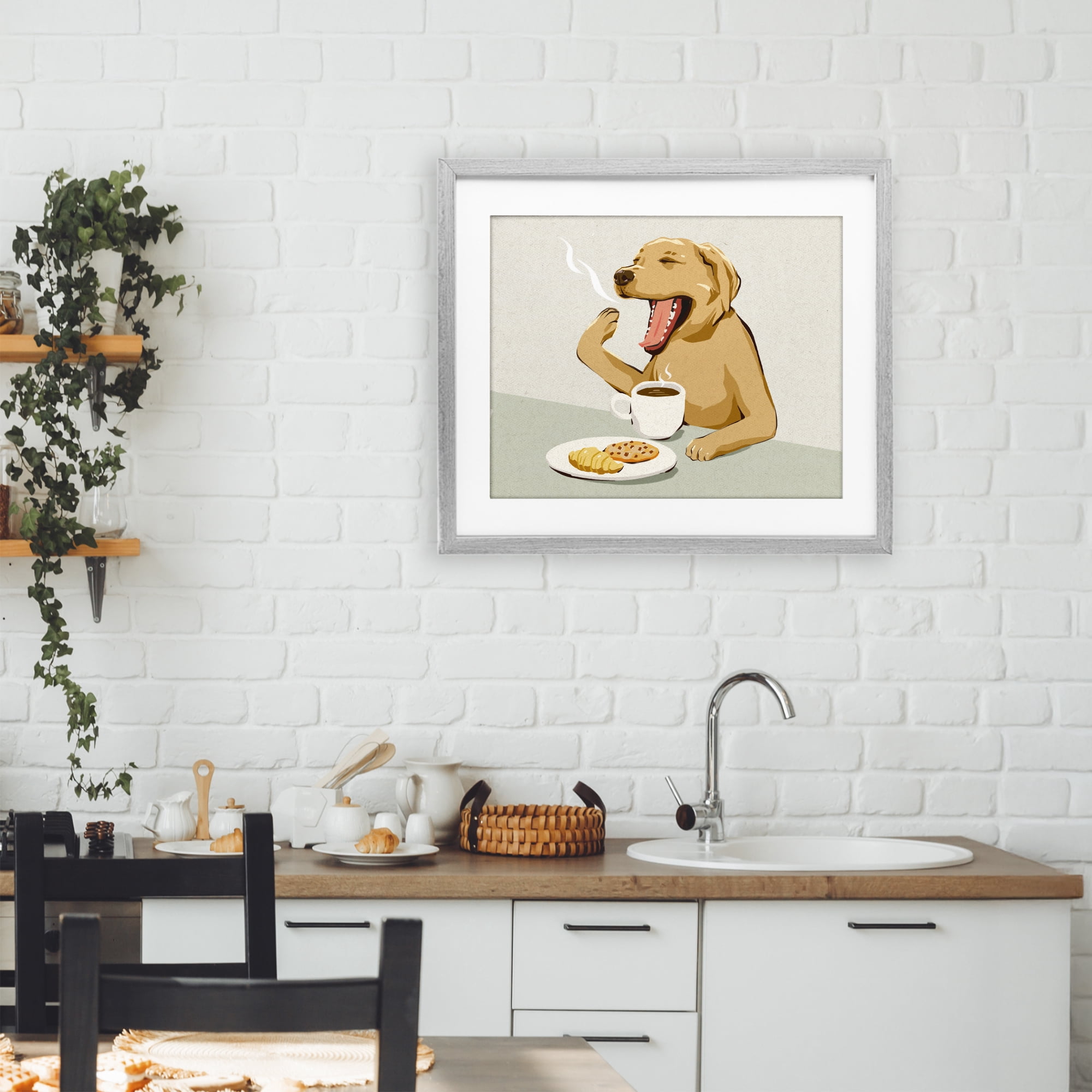 Stupell Industries Yawning Dog with Morning Coffee Gray Framed Print Under Glass, design by Ziwei Li