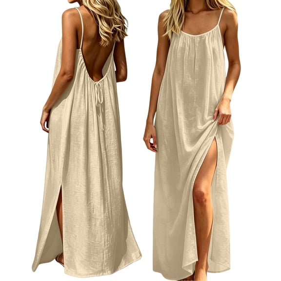 Bysome Women Dress Solid Color Sleeveless Round Neck Slit Dresses Summer Casual Women Dresses Size L Beige