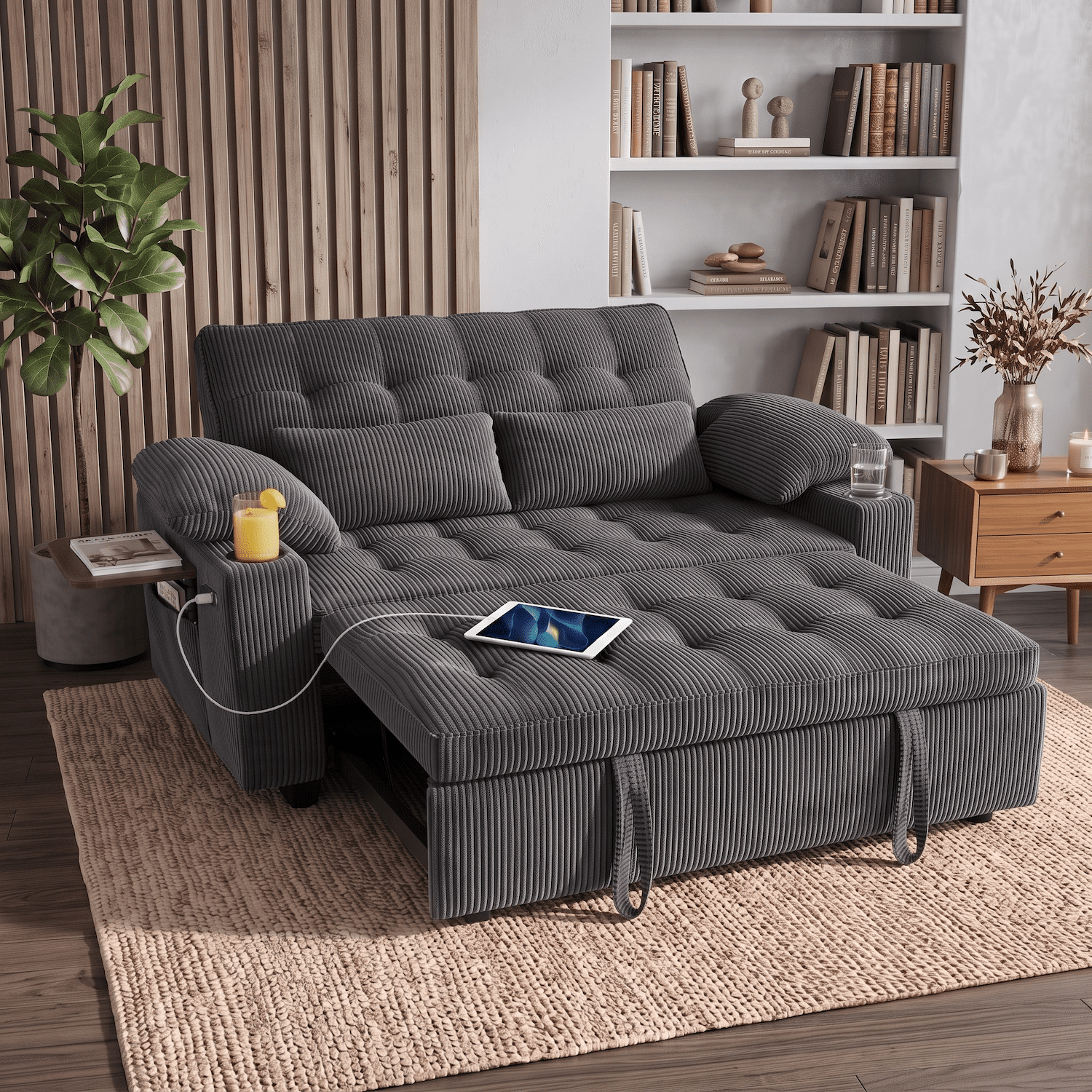 58" Convertible Sleeper Sofa Bed, Full Size Pull Out Couch with USB Charging, Cup Holders, Side Table, Adjustable Backrest, Corduroy Loveseat for Living Room, Apartment, Office (Dark Gray)
