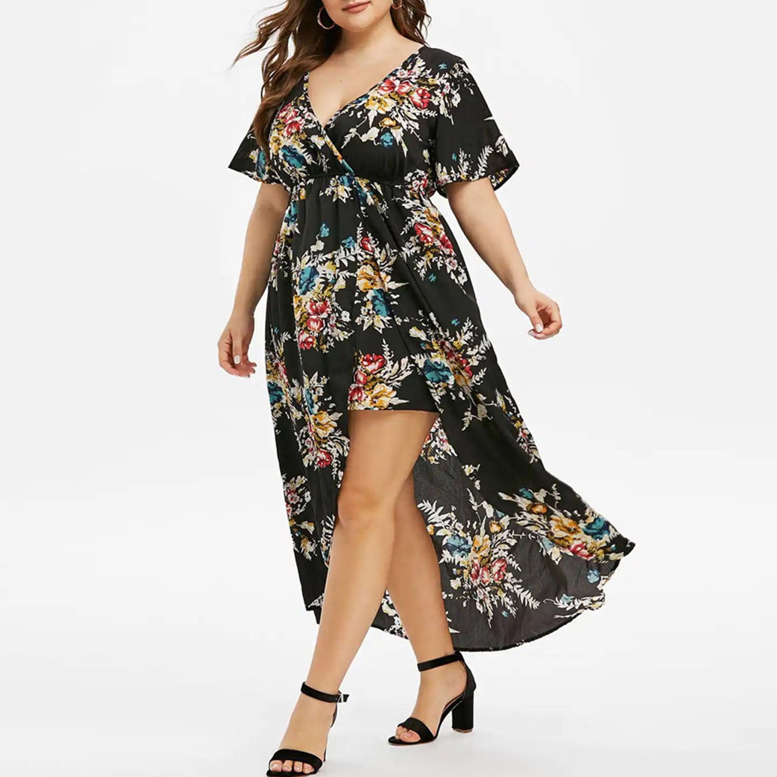 Fashion Women Short Sleeve Floral Printed Bell Sleeve High Low Maxi Dress