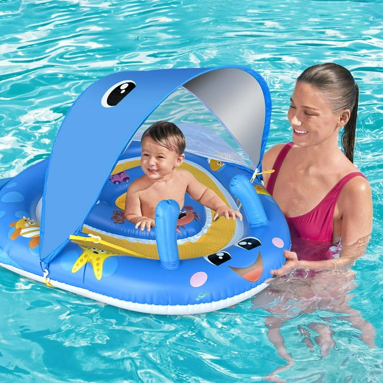 Ucradle Baby Pool Float with Canopy UPF50 Sun Protection 6 24 Months Inflatable Infant Swimming Ring with Adjustable Safety Seat