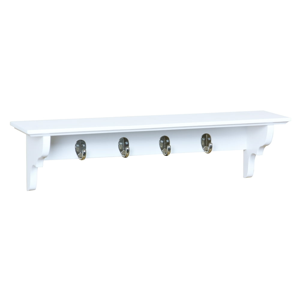 Home Basics Wood Floating Shelf with Key Hooks, White