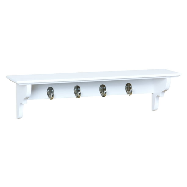 Home Basics Wood Floating Shelf with Key Hooks, White