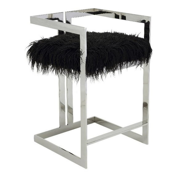 Suki 26 Inch Counter Stool Chair, Black Faux Fur, Silver Stainless Steel