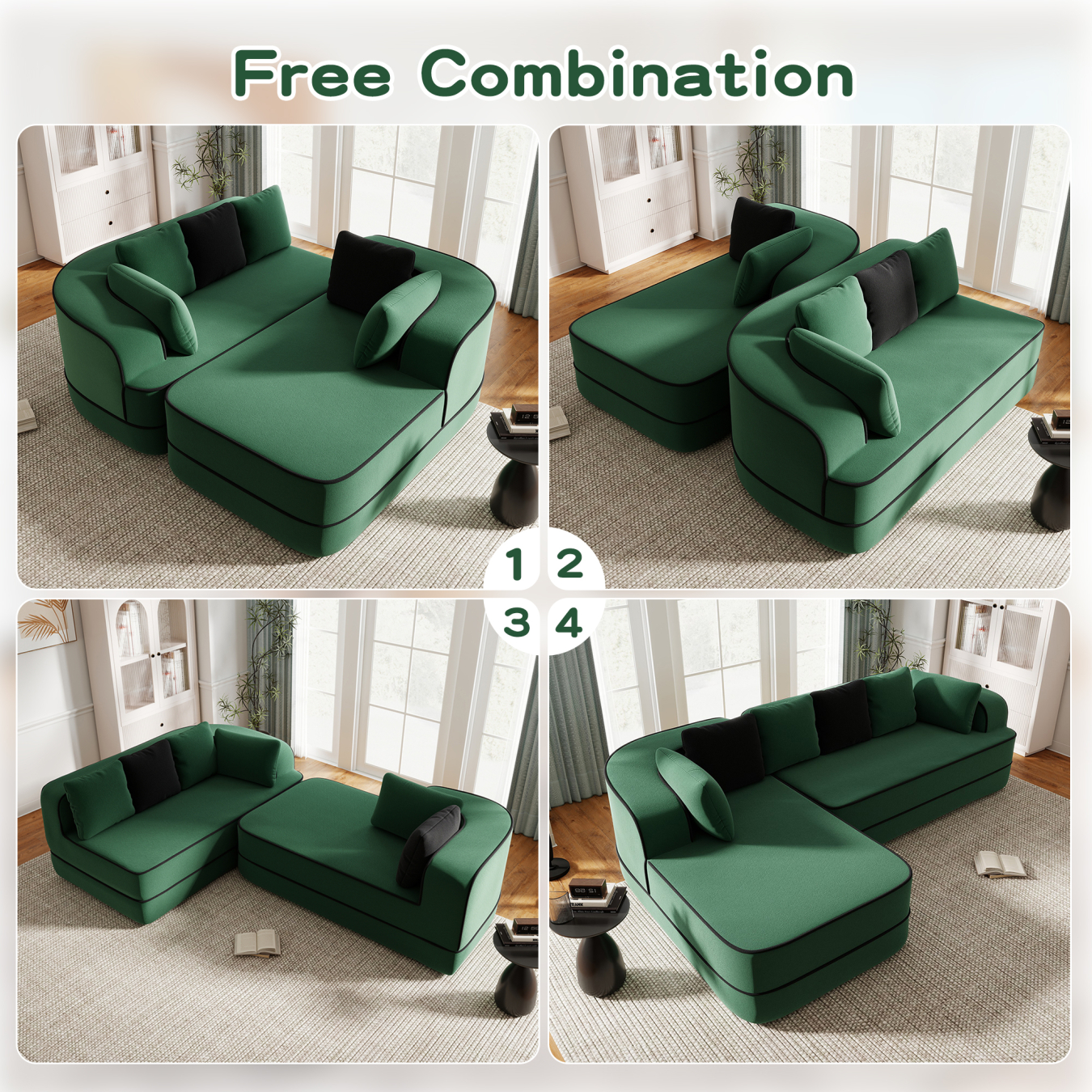 Teddy Fabric 32D Boneless Sofa,Modular Sectional Sofa with Curved Armrest,Contrast Color Design with Pillow,Fluffy Comfy Couch with L Shaped Chaise,for Living Room,No Assembly Required,Green