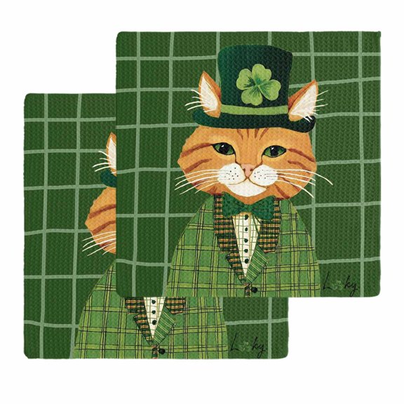 St. Patrick's Day Kitchen Dish Towels for Drying Dishes Set of 2, Green Shamrock Kitten Cats Hat Buffalo Plaid Waffle Weave Microfiber Hand Tea Bathroom Towels Quick Dry & Absorbent Towel 12x12