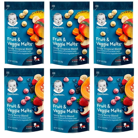 Gerber Graduates Fruit & Veggie Melts Snack Variety Pack, 3 Very Berry Blend and 3 Truly tropical Blend (Pack of 6)