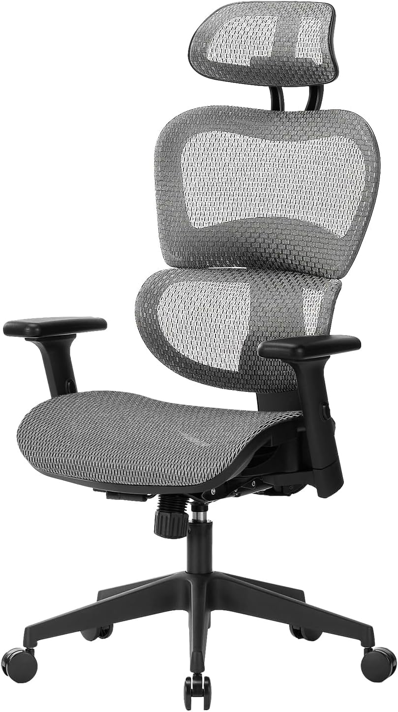 NOUHAUS Ergo3DL Ergonomic High-Back Mesh Office Chair with Adjustable Headrest, Lumbar Support, and Armrests, Gray