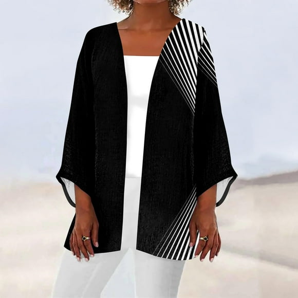Alitao Womens Cardigan Button Down Shirts 2024 Retro Print 3/4 Sleeve Cardigans Lightweight Blouse Tops Coat Casual Duster Jackets Long Sleeve Shirts Fall Outfits Gray M
