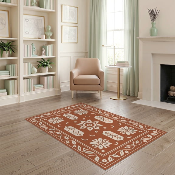 ODIKA 4'x6' Ivory Floral Medallion Pattern Washable Area Rug Elegant Vintage Motif with Ornate Border Pet Friendly, Non-Shedding for Bedroom, Reading Nook
