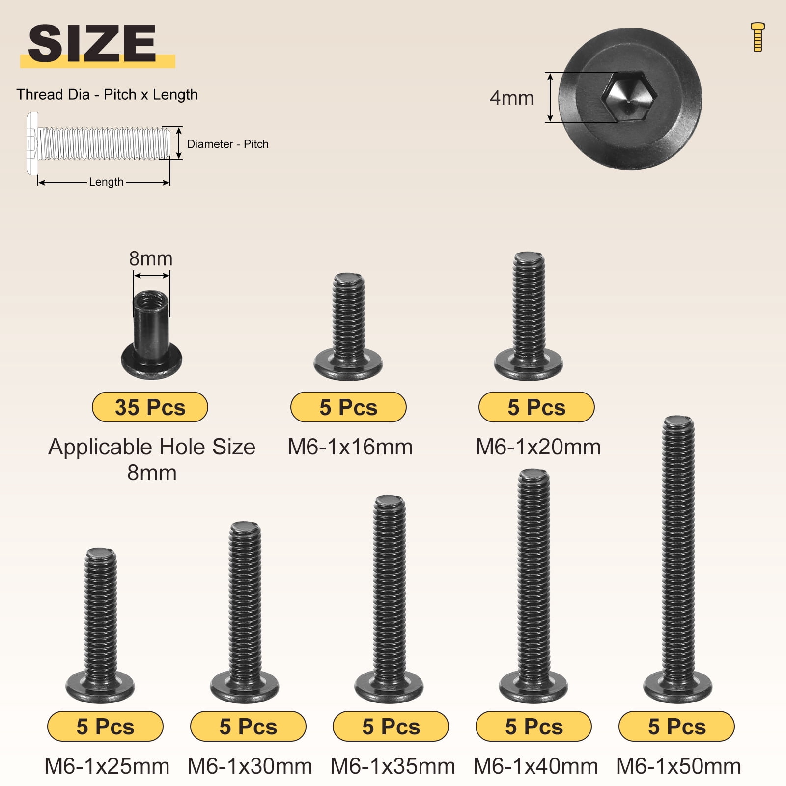 Furniture Connector Bolt Cap Nut Kit with Wrench(M6-1x80mm) 24Pcs, Connector Bolts M6 Countersunk Screw Barrel Nuts Binding Screws, for Chair Cabinet Bed, Black