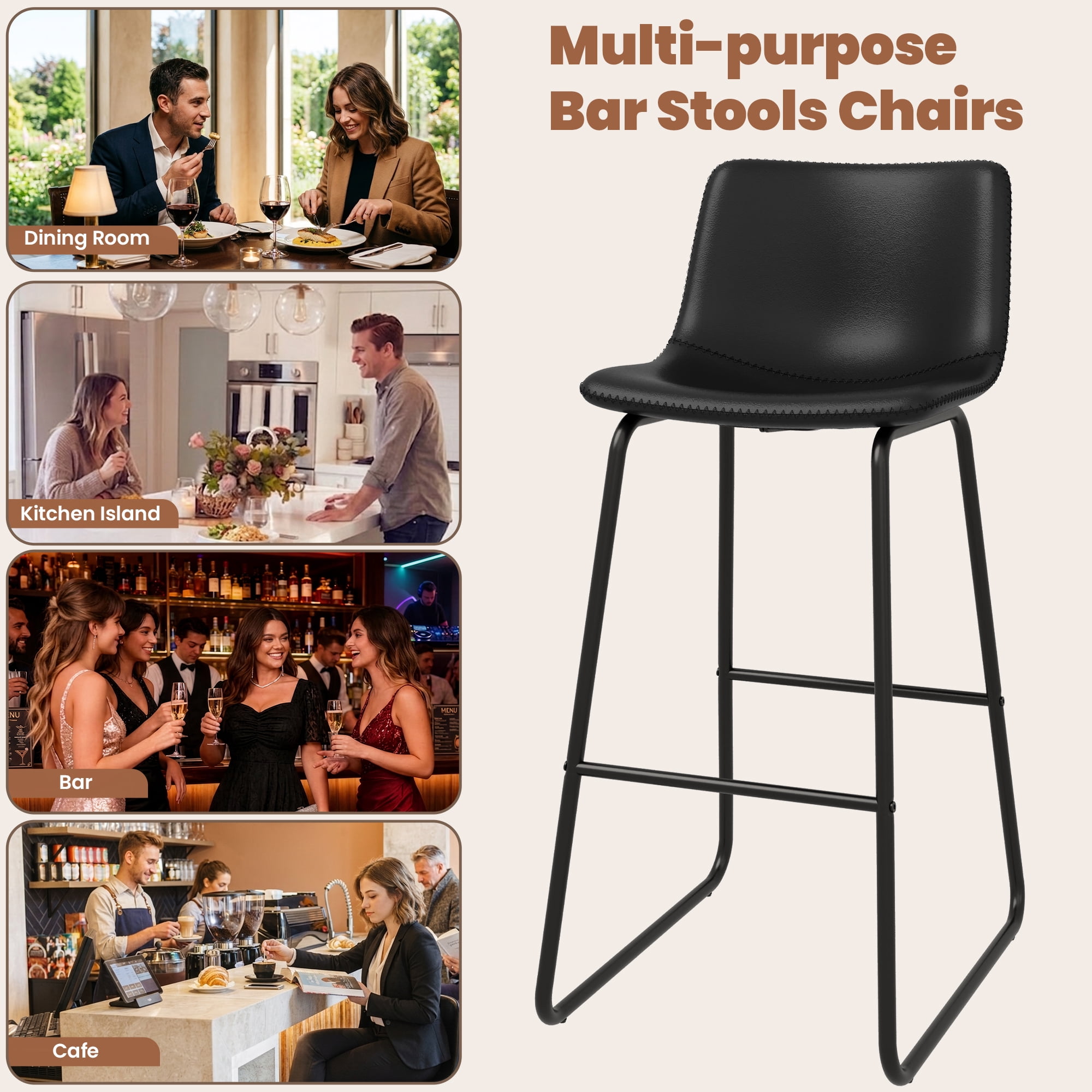 Aufeile 30" Counter Height Bar Stools Set of 2 – Modern Faux Leather Barstools with Back & Metal Legs, Kitchen Bar Chairs for Island, Dining Room, Black