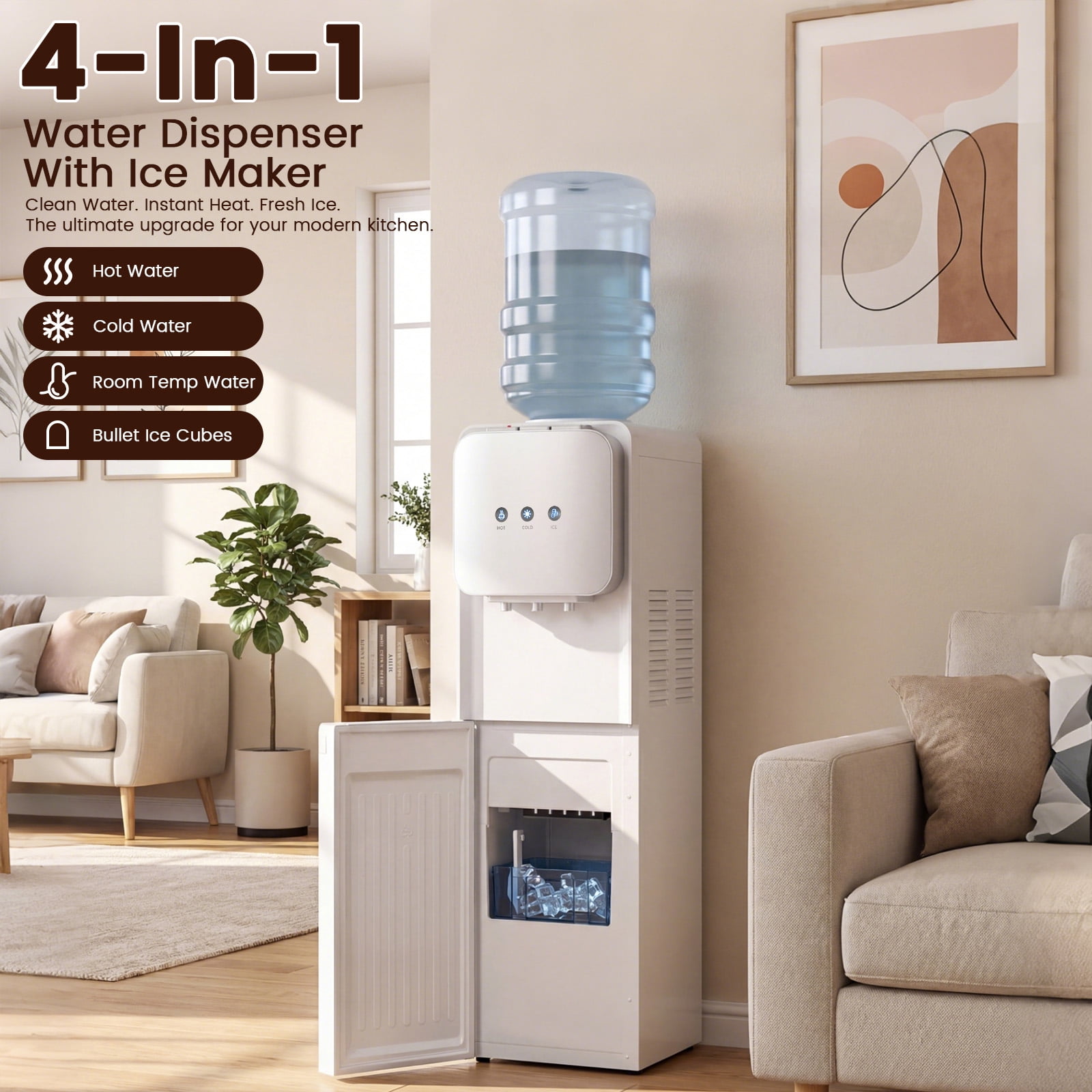 Advwin 4-in-1 Water Cooler Dispenser with Ice Maker, Hot & Cold Water, 33 lb Ice per Day, Ice Ready in 7 Minutes, Top Loading 3–5 Gallon, Child Safety Lock, White/Silver
