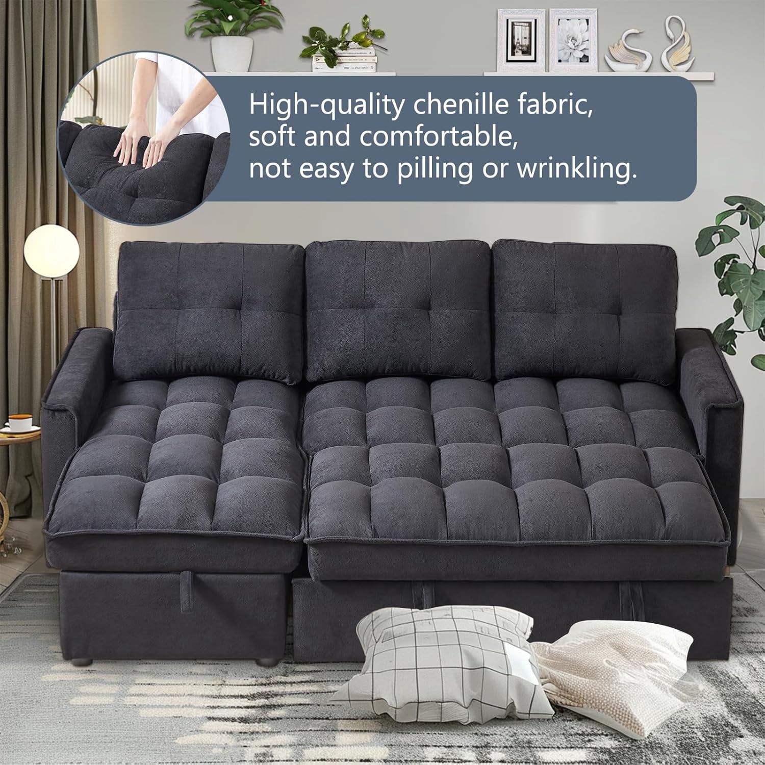 AENKYO 78.75" Reclining Sleeper Sofa with Pull-Out Bed and Built-in Charging Station, 3-Seat Sectional Couch with Cup Holders, Black