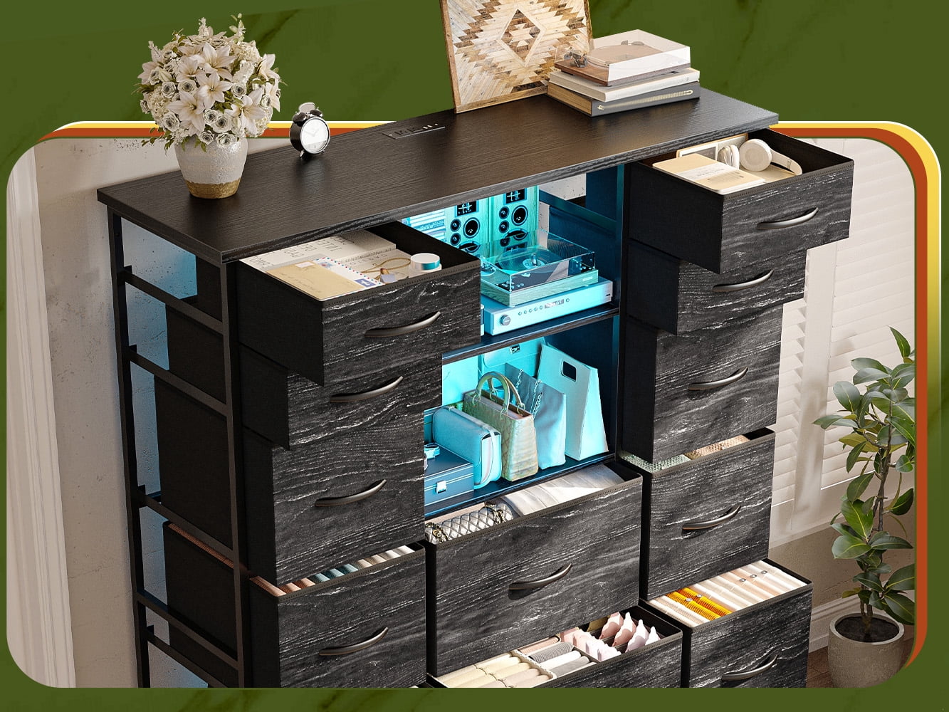 EnHomee Black Tall Dressers for Bedroom with 15 Drawers Dresser with LED Lights &Charging Station,39"L x 12"W x 51"H