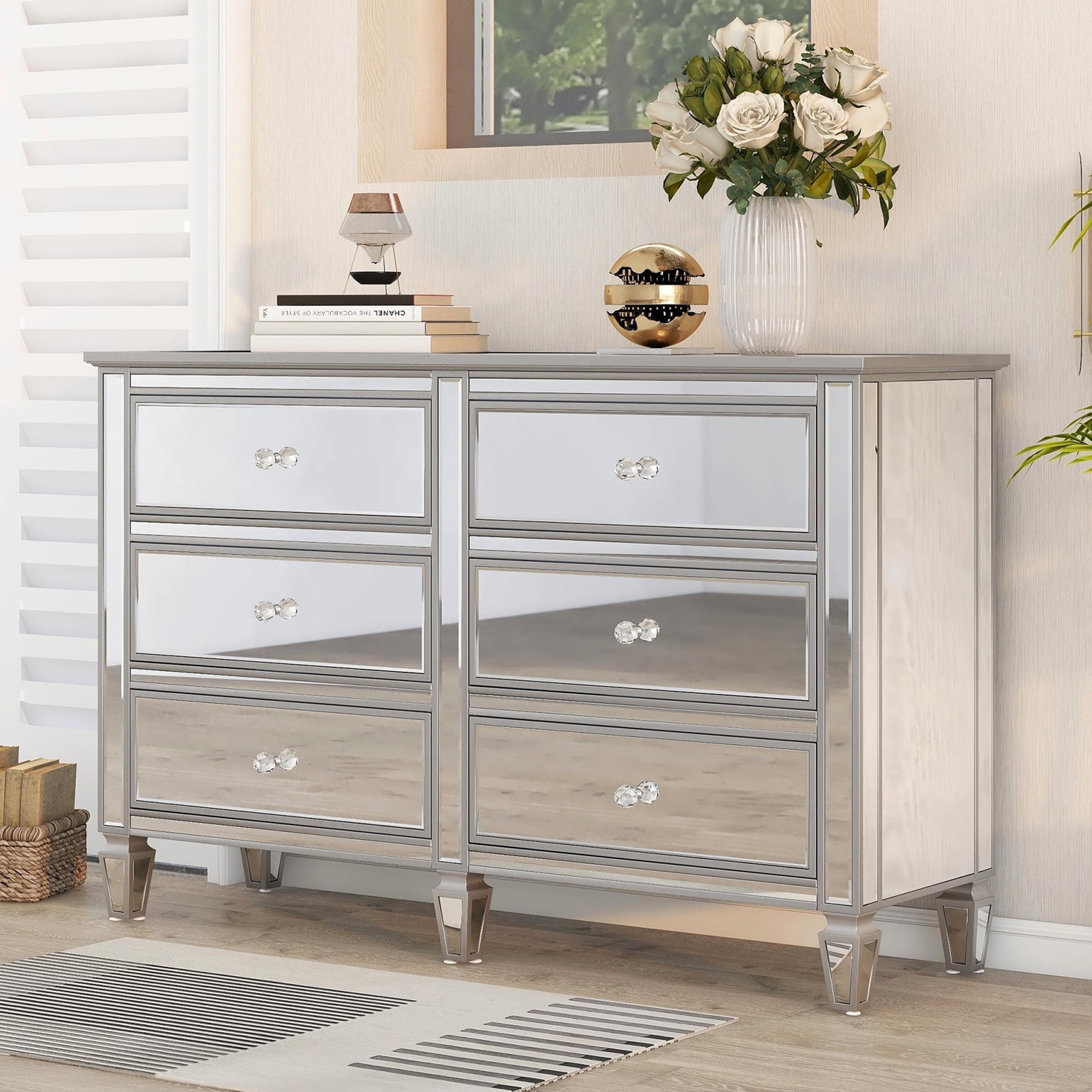 CoSoTower Elegant Mirrored Dresser With 6 Drawers, Modern Silver