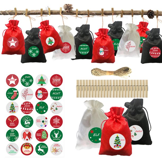 24 unids/set Calendario de Adviento de Navidad bolsas de dulces de regalo con pegatinas Clips cordón decoración del banquete de boda