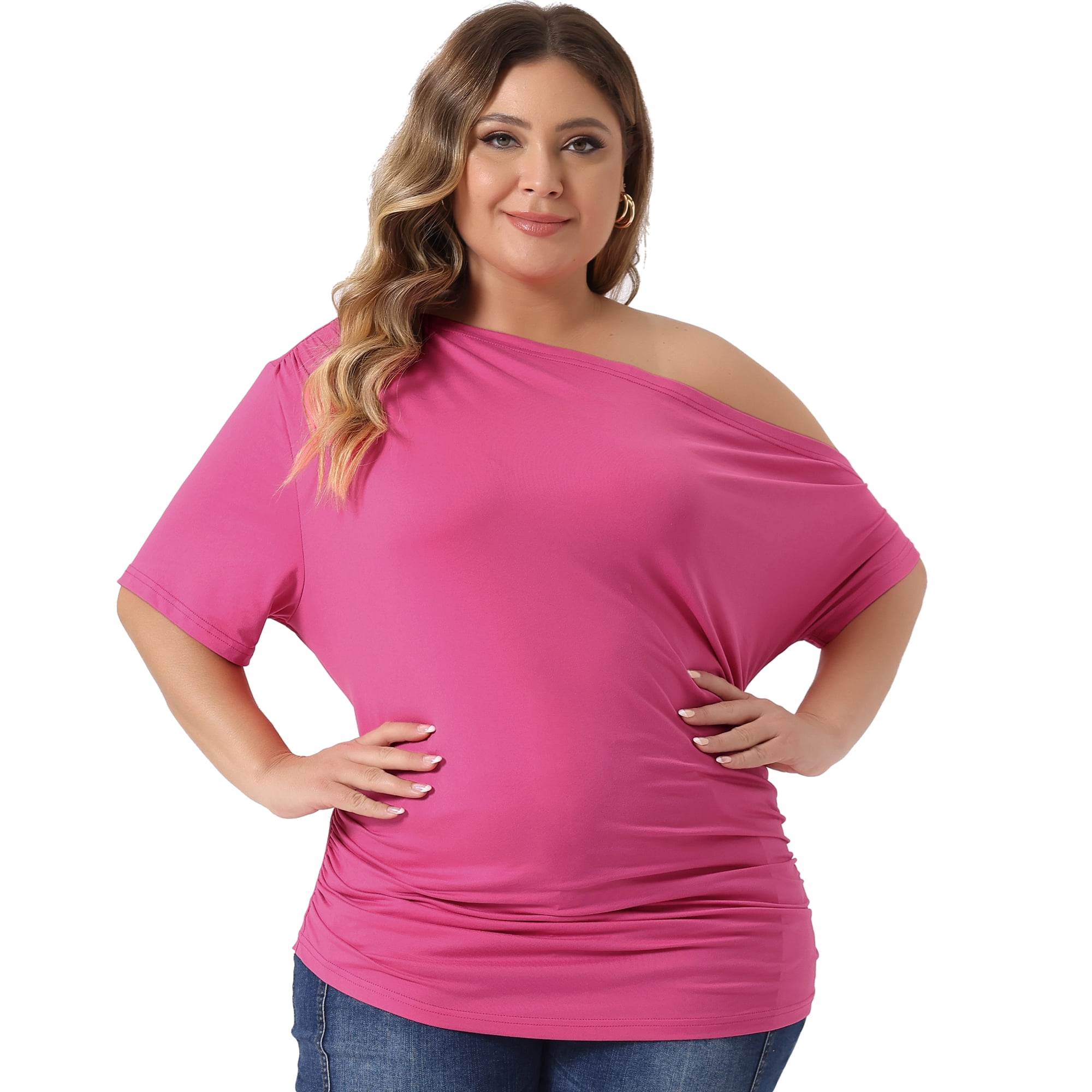 Women's Plus Tops One Shoulder Short Sleeve Ruched Basic Blouses Summer Tee Tops 2X Hot Pink