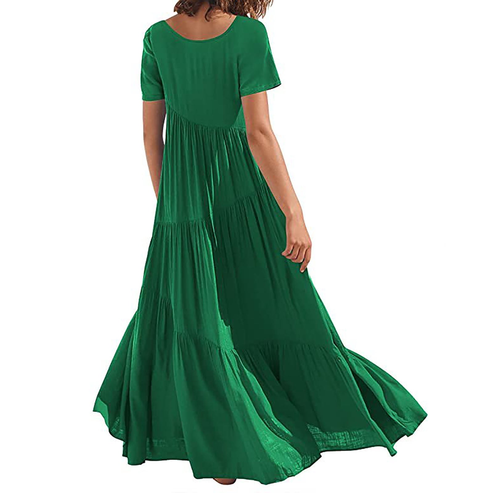 Women's Short/Long Sleeve Loose Plain Maxi Dresses Crewneck Casual Tiered Flowy Pleated Swing Beach Long Dresses