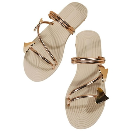 

Womens Flat Sandals Fashion Round Open Toe Slip On Slides Slippers for Summer Womens Fashion Summer Slippers Heart Decorate Round-toe Casual Flat Sandals Gold 4.5
