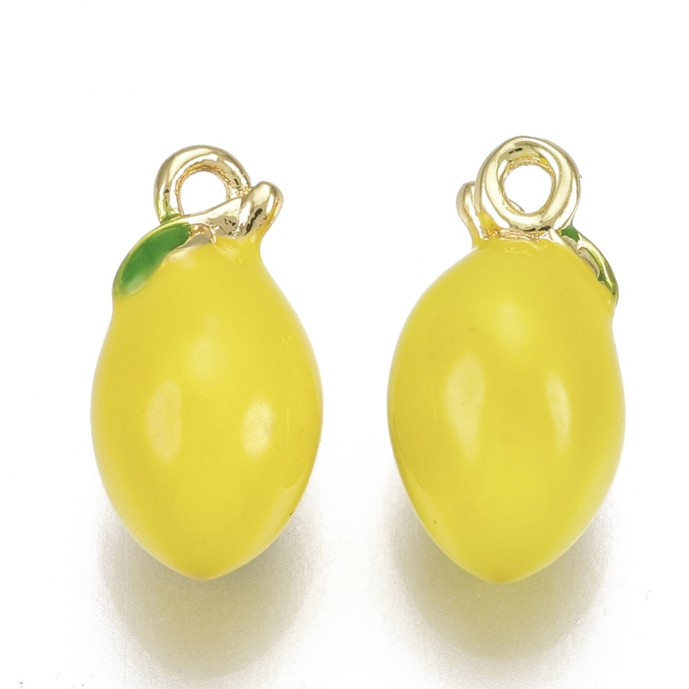 50 pc Brass Charms with Enamel Lemon Nickel Free Real 18K Gold Plated Gold 13x7mm Hole: 1.2mm