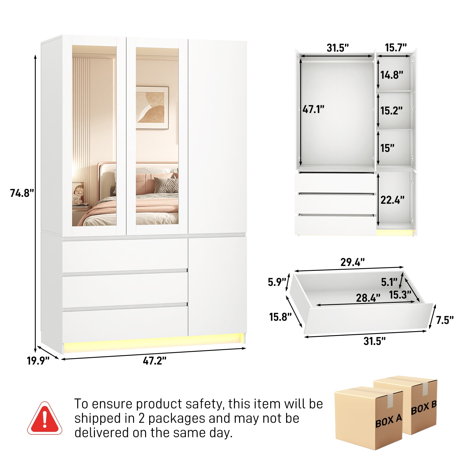 75" Tall 3 Doors Armoire Wardrobe Closet with  3 Drawers and Mirror, Large Wardrobe Closet for Bedroom with LED Lights, Wooden Armoire Storage Cabinet with Hanging Rod, Adjustable shelves (White)