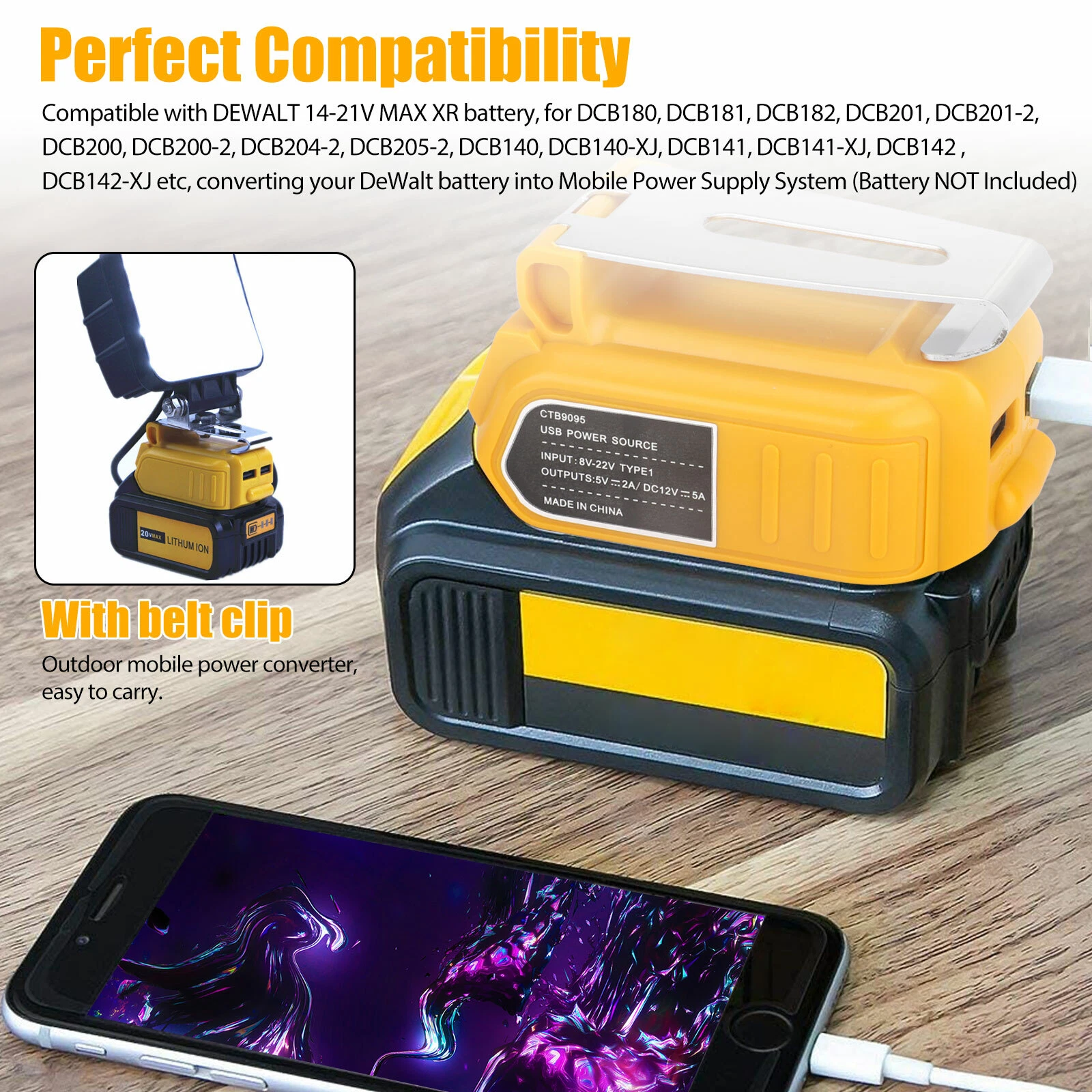 Dual USB Battery Charger Adapter Power Source Converter for Dewalt 14-21V Max