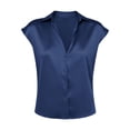 thumbnail image 6 of Only Moment Button Up Blouse Women Short Sleeve V Neck Satin Wrinkle Free Business Casual Work Blouse Tops Womens Work Tops Dark Blue,2XL, 6 of 6